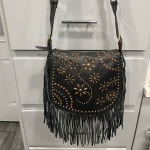 ISABELLA FIORE BLACK LEATHER BRASS STUDDED HOBO BAG FRINGE